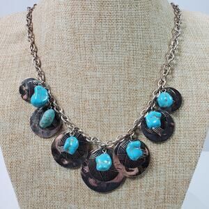 Jules Turquoise w/ Silver Tone Chain & Circles Necklace 18 Inch